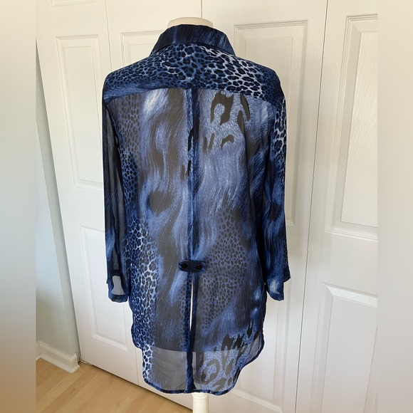CLARA SUN WOO Leopard Blue Tunic Shirt Sheer Size  Small - Picture 2 of 5